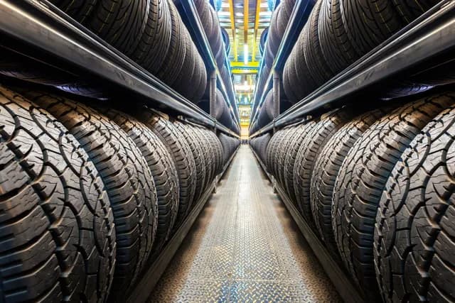 Rows of used commercial truck tires in warehouse